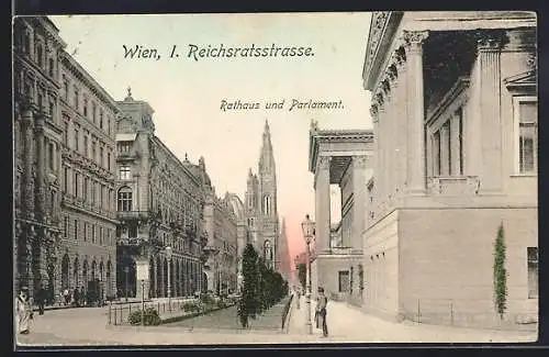 AK Wien, Reichsratsstrasse mit Rathaus und Parlament