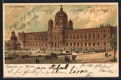 Lithographie Wien, K. k. Hof-Museum mit Denkmal