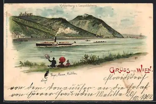 Lithographie Wien, Dampfer am Kahlenberg und Leopoldsberg