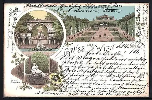 Lithographie Wien, Schönbrunn Parterre, Ruine, Kaiser-Brunnen