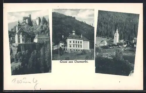 AK Unzmarkt, Teilansicht mit Burg, Kirche, Weisses Gebäude