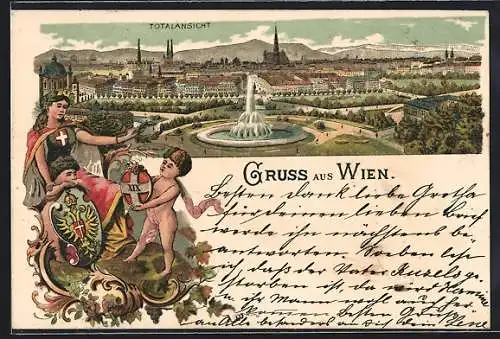 Lithographie Wien, Totalansicht mit Springbrunnen, Austria und Kinder mit Wappen