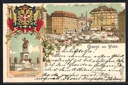 Lithographie Wien, Am Hof, Radetzky-Denkmal, Wappen