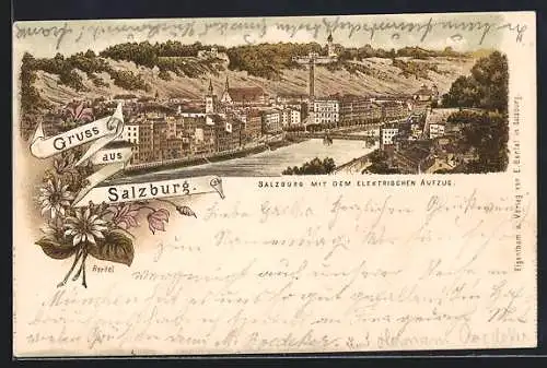 Lithographie Salzburg, Stadtansicht mit dem elektrischen Aufzug