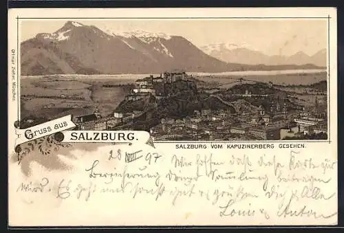 Lithographie Salzburg, Salzburg vom Kapuzinerberg gesehen