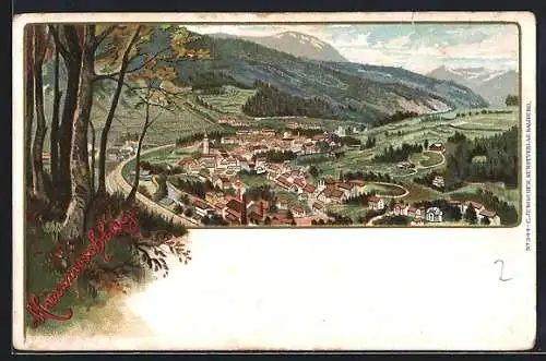 Lithographie Mürzzuschlag, Panorama ins Tal