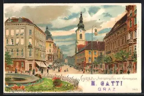 Künstler-AK Graz, Auerspergplatz mit Herrengasse