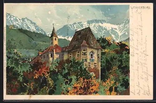 Lithographie Innsbruck, Weyherburg mit Bergpanorama