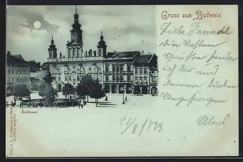 Mondschein-AK Budweis, Rathaus mit Brunnen