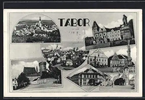 AK Tabor, Hotel mit Denkmal, Kirche, Rathaus