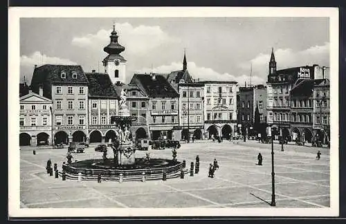 AK Budweis / Ceske Budejovice, Ringplatz mit Samsonbrunnen