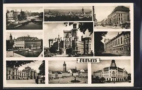 AK Budweis / Ceske Budejovice, versch. Ortsansichten mit dem Rathaus, dem Marktplatz u.a.