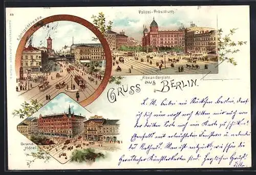 Lithographie Berlin, Polizei-Präsidium am Alexanderplatz, Blick auf Königsstrasse und Grand Hotel