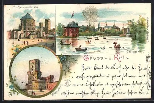 Lithographie Köln a. Rhein, Bayenturm, Volksgarten, St. Gereonskirche