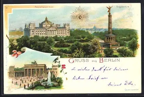 Lithographie Berlin-Tiergarten, Ansicht vom Reichstagsgebäude mit Siegessäule, Brandenburger Tor