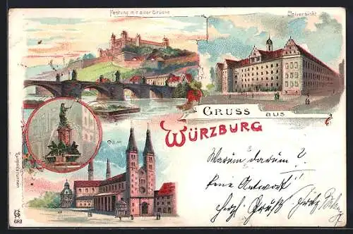 Lithographie Würzburg, Festung mit alter Brücke, Universität, Dom