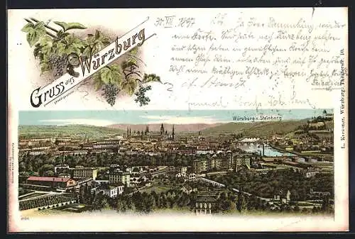 Lithographie Würzburg, Gesamtansicht gesehen vom Steinberg aus