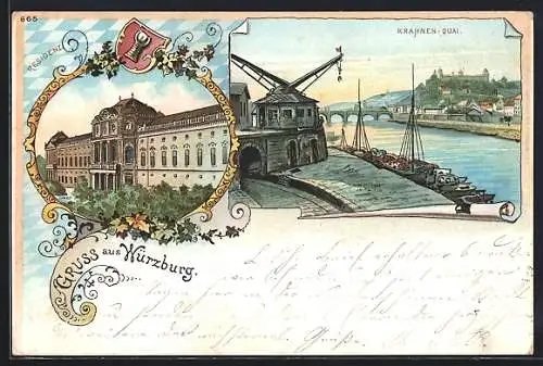 Lithographie Würzburg, Residenz & Krahnen-Quai