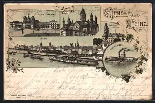 Lithographie Mainz, Centralbahnhof, Schillerdenkmal, Stadtpanorama mit Dampfern