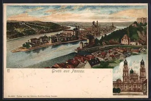 Lithographie Passau, Ortsansicht aus der Vogelschau und Ansicht des Dom