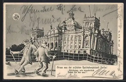 Wirtshaus-AK Berlin-Tiergarten, zwei Betrunkene vor Reichstagsgebäude spazierend