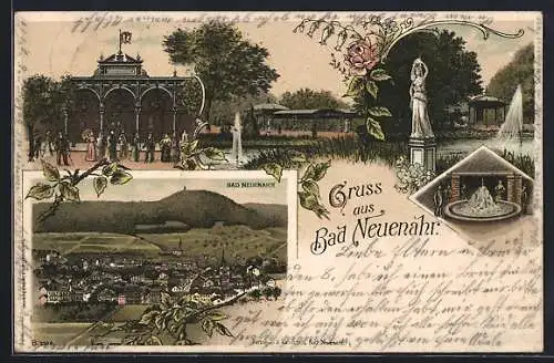 Lithographie Bad Neuenahr, Restaurant mit Pavillon, Park mit Wasserfontaine, Wassersprudel