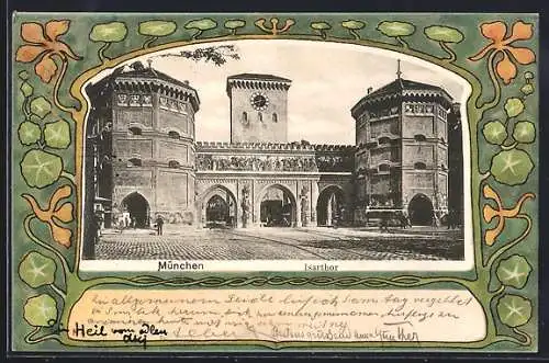 Passepartout-Lithographie München, Isarthor, florale Ornamente