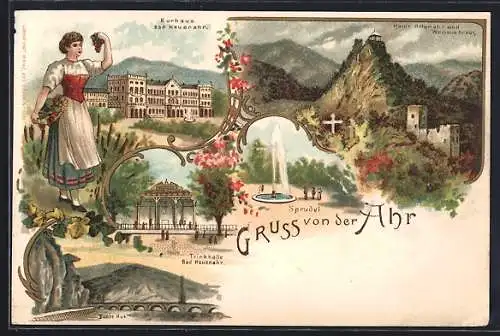 Lithographie Bad Neuenahr, Kuhrhaus, Trinkhalle, Ruine Altenahr und Weisses Kreuz, Bunte Kuh, Mädel m. Wein