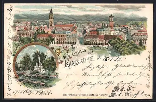 Lithographie Karlsruhe, Teilansicht, Nymphen-Gruppe