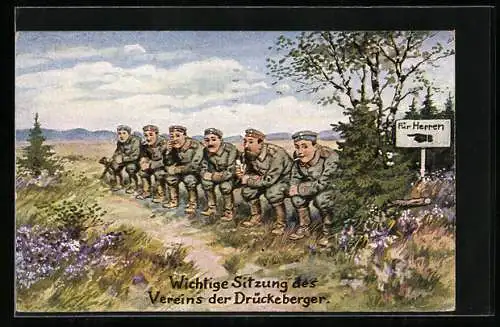 Künstler-AK Soldaten auf dem Donnerbalken, Toilettenhumor