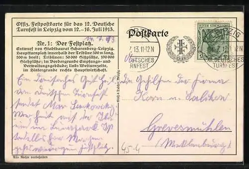 Künstler-AK Leipzig, Festplatz zum 12. Deutschen Turnfest 1913, von J. Klemm