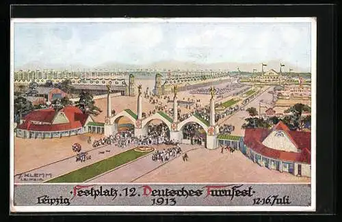 Künstler-AK Leipzig, Festplatz zum 12. Deutschen Turnfest 1913, von J. Klemm