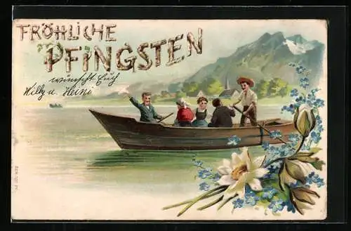 Lithographie Ruderboot auf Gewässer vor Bergpanorama, Blumen