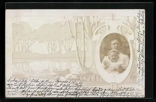 Foto-AK Mutter mit Kind mit Passepartout-Rahmen Teichlandschaft