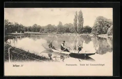 AK Wien, Praterpartie, Ruderboot auf dem Teich beim Constantinhügel