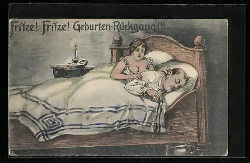 AK Fritze! Geburten-Rückgang!, Ehepaar im Bett, Humor