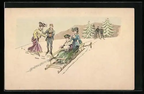 AK Zwei Damen in einem Schlitten, einer dritten wird hinein geholfen