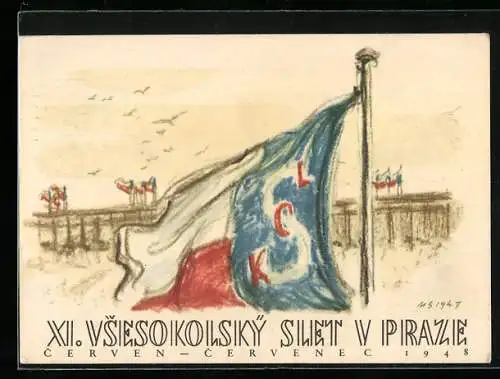 AK XI. Vsesokolsky Slet V Praze, Flaggen der Spiele wehen über einem Stadion