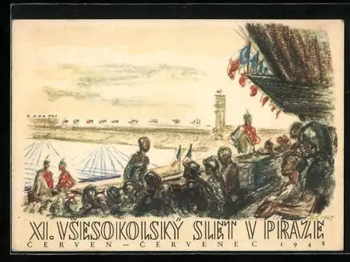 Künstler-AK Prag, XI. Vsesokolsky slet v Praze 1948, Sokol 1948