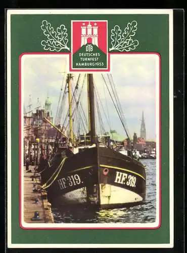 AK Hamburg, Deutsches Turnfest, Hafenblick mit HF319 in der Bugansicht, 1953