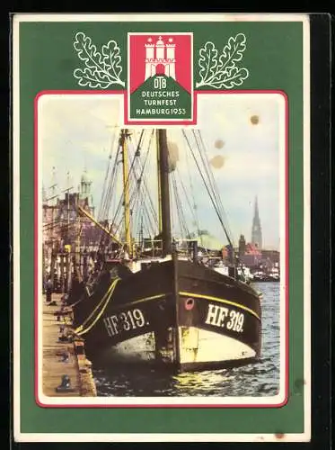 AK Hamburg, Deutsches Turnfest, Hafenblick mit HF319 in der Bugansicht, 1953