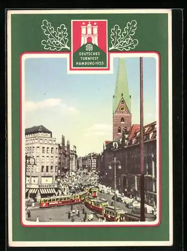 AK Hamburg, Turnfest 1953, Strassenpartie mit Strassenbahnen und Kirche