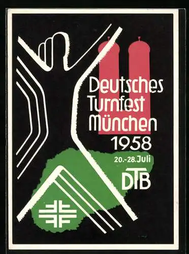 AK München, Deutsches Turnfest 1958, Türme, Landkarte und Figur