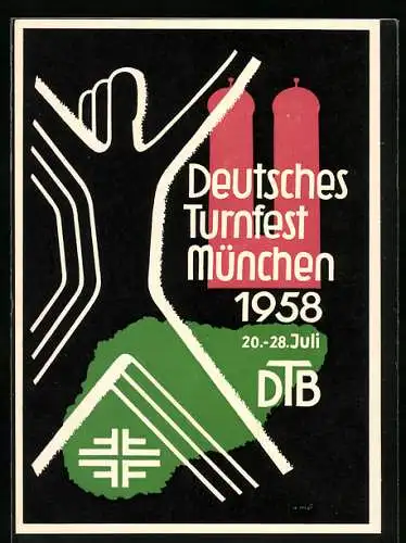 AK München, Deutsches Turnfest 1958, Türme, Landkarte und Figur