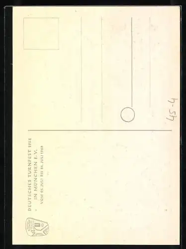 AK München, Deutsches Turnfest 1958, Türme, Landkarte und Figur