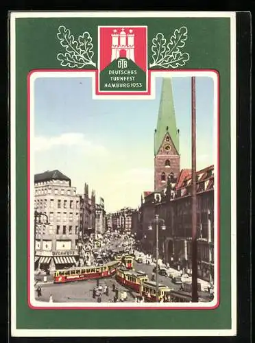 AK Hamburg, Turnfest 1953, Strassenpartie mit Strassenbahnen und Kirche