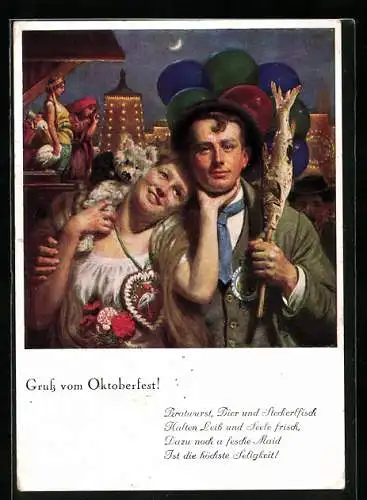 Künstler-AK Junges Bayrisches Paar auf dem Oktoberfest mit Lebkuchenherz und Stockfisch