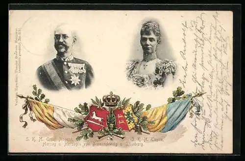 AK Ernst August und Thyra, Herzog und Herzogin von Braunschweig und Lüneburg mit Krone und Wappen