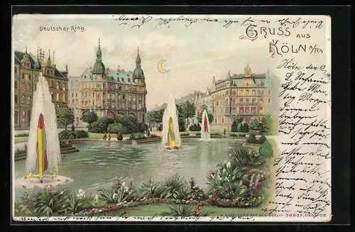 Lithographie Köln-Neustadt, Anlagen und Gebäude am Deutschen Ring, beleuchtete Fenster und Fontäne