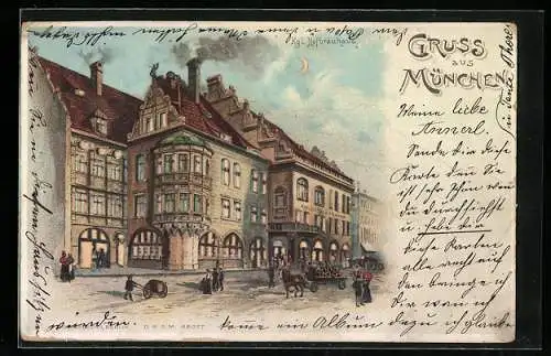 Lithographie Ansicht des Münchner Hofbräuhauses